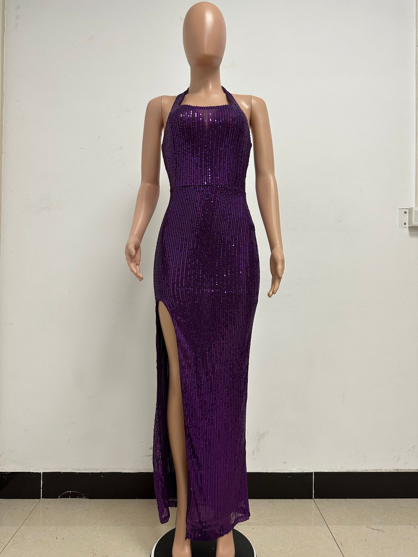 350g Weight Maxi Long Dress Dress Length Type Sleeveless Sleeve Length Party Dress Dresses Type Spandex, Polyester Fabric Type High Waist Waist Line Banquet, Party Occasion Halter Neck Neckline Slim Fit Type Solid Color Pattern Summer, Spring, Autumn Season Women's Gender Sequins Design Elegant, Sexy Style Wholesale Women's Elegant Sexy Sequins Solid Color Banquet Party Halter Neck Sleeveless Party Dress 42