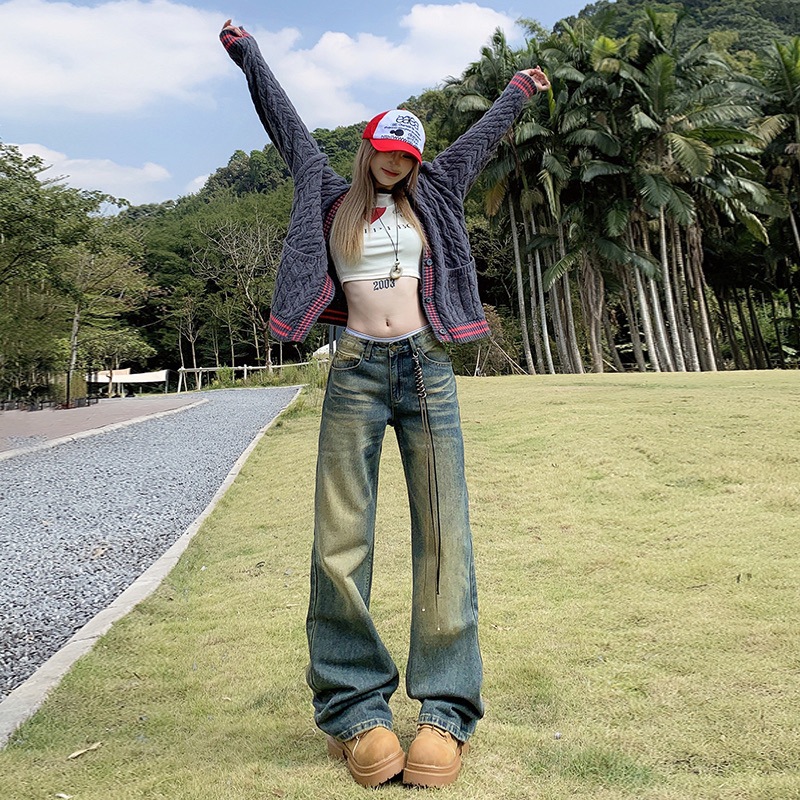 New American high street straight wide-leg jeans retro old loose casual jeans