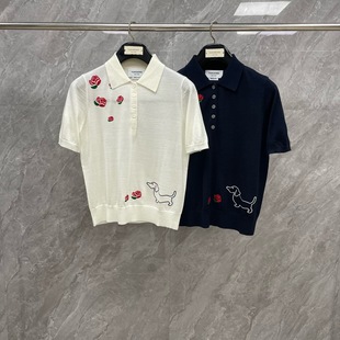 Factory Direct Tb25 Summer New Preppy Style Rose Puppy Embroidered Wool Lapel Polo Short-Sleeved Top