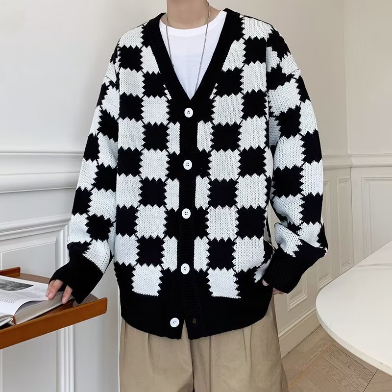 Black and white plaid v-neck sweater men's spring and autumn new fashion brand Japanese retro loose casual all-match cardigan jacket
