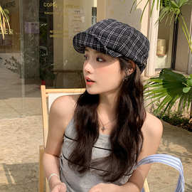 韩版格子软檐八角帽女春夏新款显脸小百搭英伦风绿色时尚画家帽潮