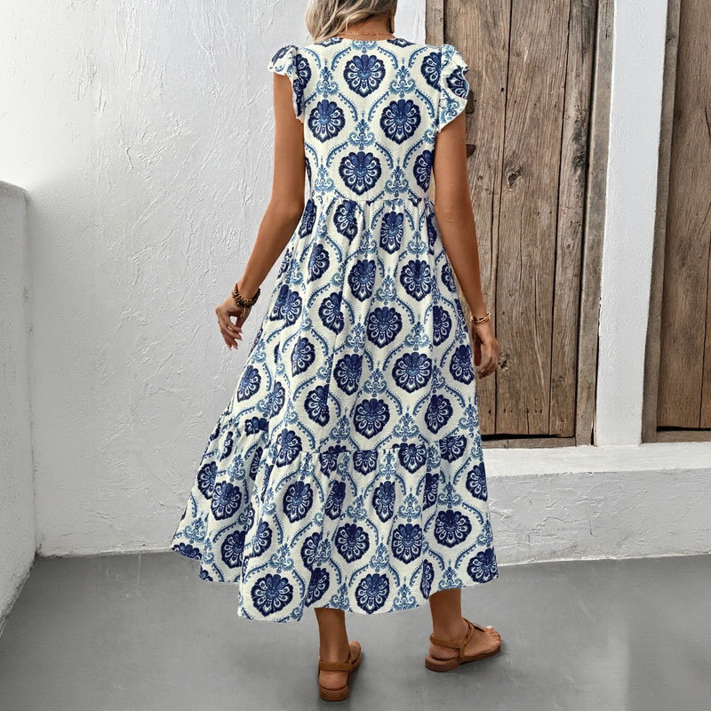 Robe longue imprimée ample à col V profond style vacances K New Vacation Style_voghion.com