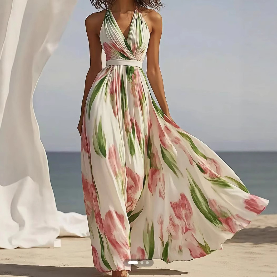 Elegant Women's Soft White Boho Beach Cover up Maxi Dress V-Neck Flowy 3D Floral Print Summer Casual Dress for Women Sizes S to XXL_ecoleips.com