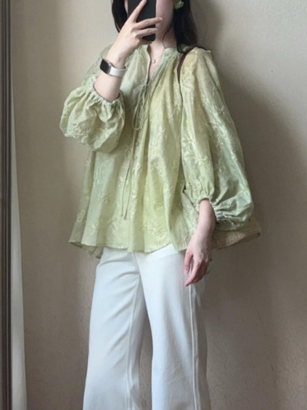 2025早秋法式茶里茶气别致超好看漂亮独特绿色长袖上衣女夏季小衫|undefined
