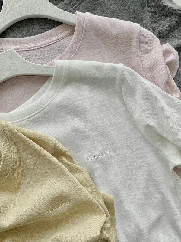 コットンとリネンの小文字刺繍右肩Tシャツレディース新作半袖ラウンドネック万能通気性カジュアルシンプル半袖トップス|undefined