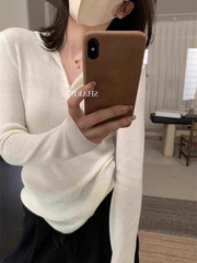 韩系温柔半拉链连帽针织衫女秋冬内搭慵懒修身打底毛衣设计感上衣