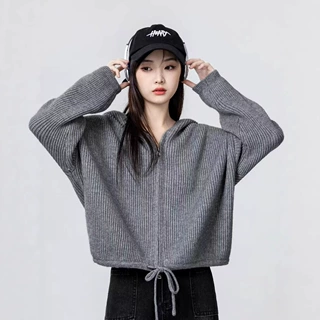 设计感抽绳拉链毛衣外套 女秋冬新款纯色连帽百搭 长袖针织开上衣