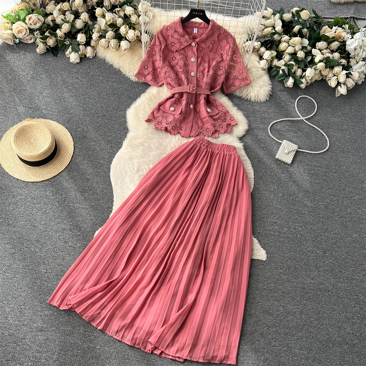 Damen Zweiteiliges Set Aus Kurzarmbluse Und Plisseerock Für Den Sommer_voghion.com