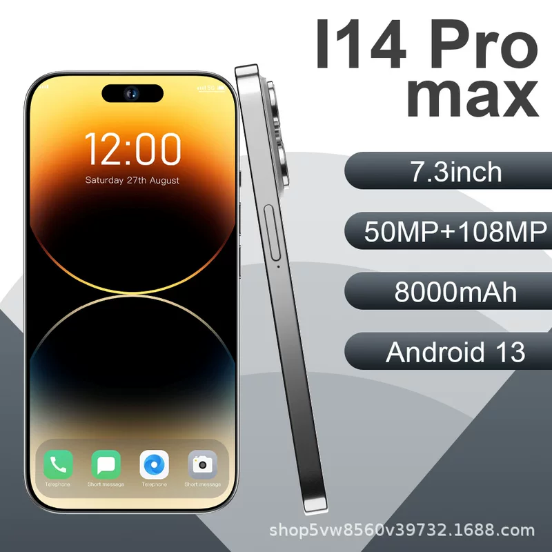 Мобильный телефон i14 Pro Max Intel, 7,3-дюймовый широкий экран, 8000 мАч, 16 ГБ + 1 ТБ