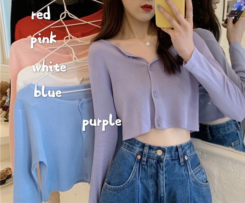 Spot wholesale autumn short navel knitted cardigan sweet girl slim long sleeve bottoming shirt top women