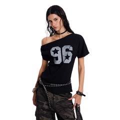 アメリカンレトロな斜め肩トップ女性の夏のホットガールジャージスタイルオフショルダー半袖Tシャツ