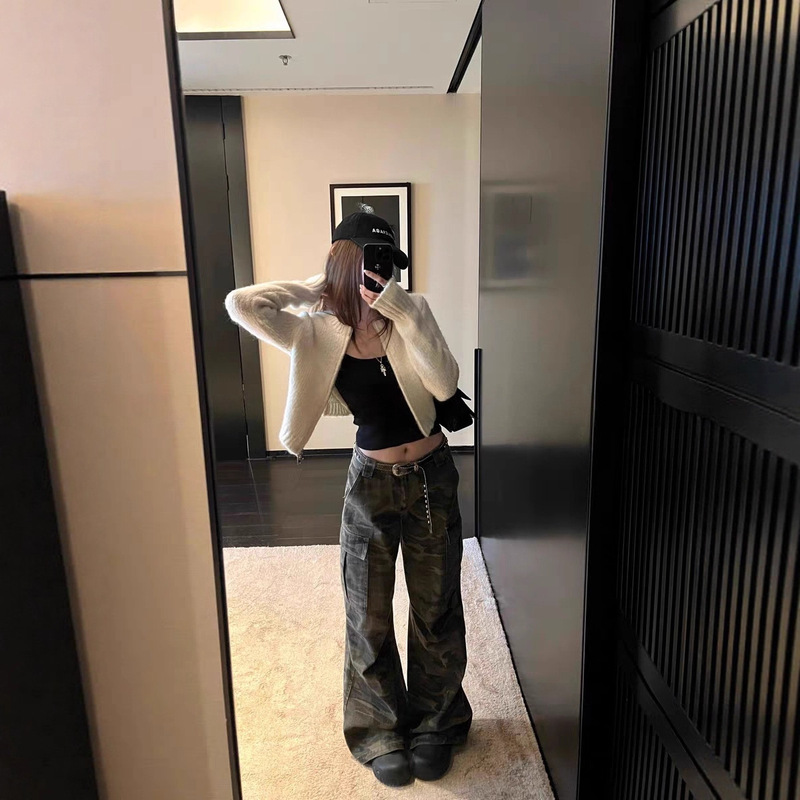 十一石1宝藏迷彩美式口袋工装裤女小个子低腰宽松直筒阔腿休闲裤|undefined