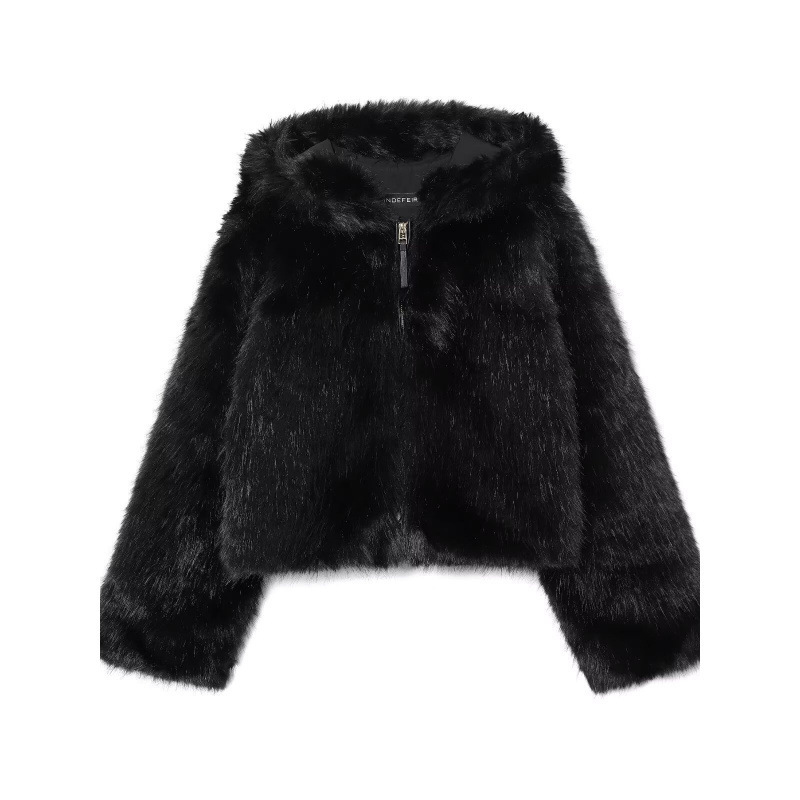 Cross-Border Women's Clothing Manufacturers Wholesale 2025 New Black Hooded Short Faux Luxury Fur Jacket Coat