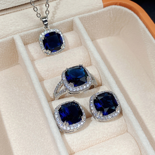 Cao Suitable European and American Style Jewelry Set, Fashion Square Royal Blue Zircon Series Accessories, Luxurious and Elegant Jewelry