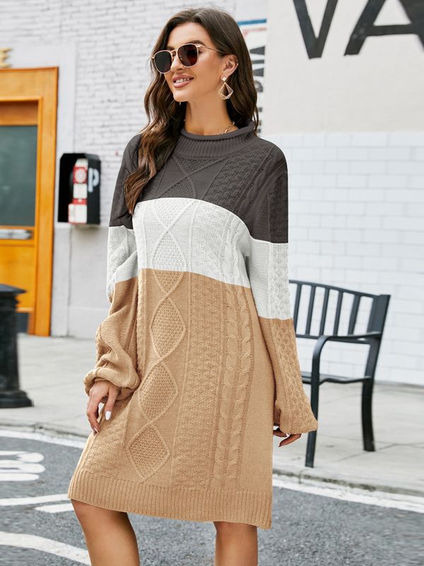 Amazon popular Otoño e Invierno casual suelta cuello redondo suéter largo perezoso estilo contraste color manga larga suéter de punto vestido