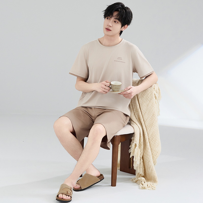 Pijamas de hombre verano algodón de manga corta cuello redondo suelto talla grande marco de tracción de verano algodón fresco traje de servicio a domicilio para niños