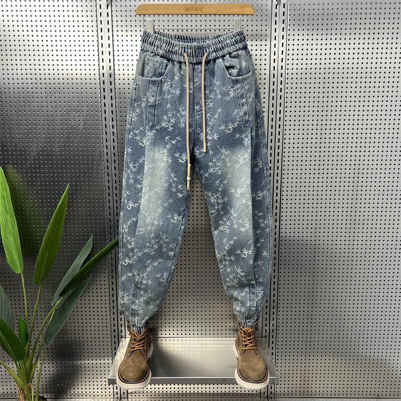 2025 Summer Men's Jacquard Jeans Washed Patchwork Jogger Harem Pants Trendy Cool Elastic Waist Casual Pants 2025 Summer Men's Jacquard Jeans Washed Patchwork Jogger Harem Pants Trendy Cool Elastic Waist Casual Pants