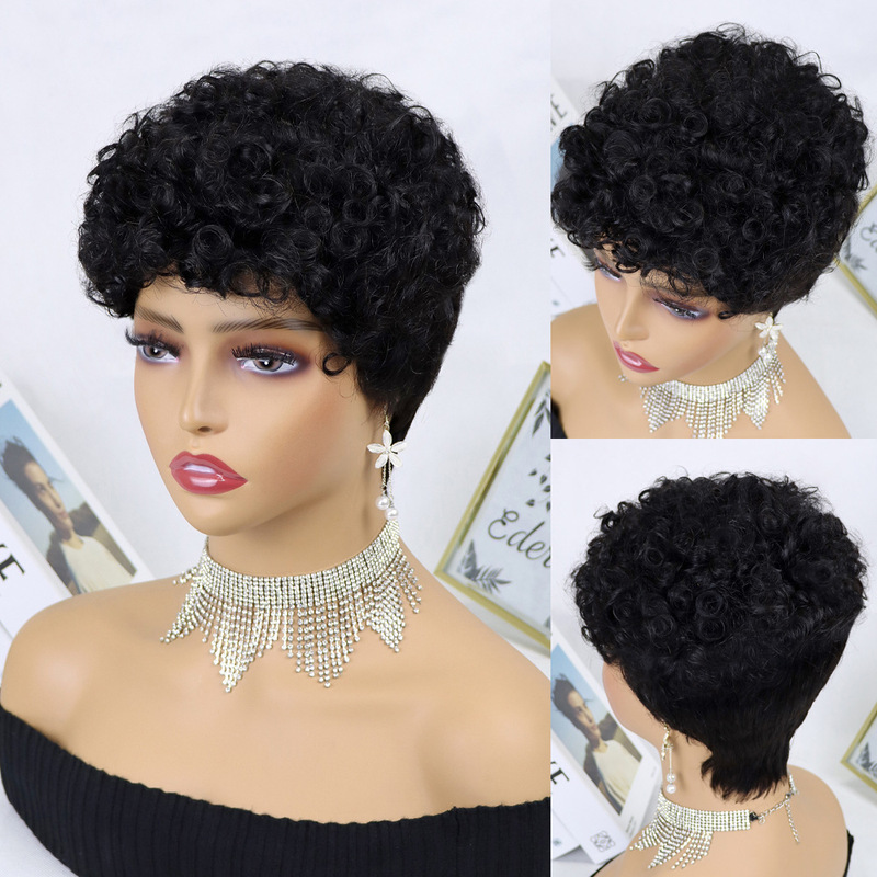6インチpixie cut wig human hairウールカーラーカバーcurlyフルメカニズムリアルヘアカバー|undefined