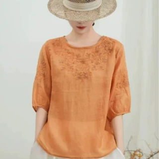 【定制】复古重工刺绣棉衬衫女夏新款宽松显瘦气质圆领套头上衣