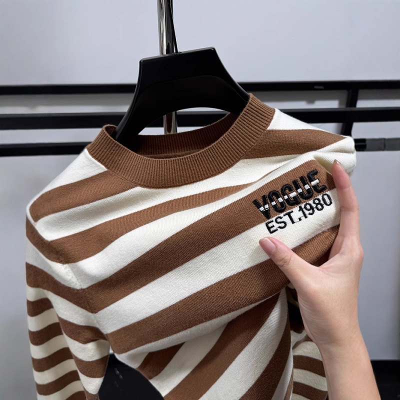 Embroidered Thick Stripe Knitwear Men's Autumn and Winter Long Sleeve Base Shirt Threaded Crewneck Sweater Trendy Men's Sweater- Embroidered Thick Stripe Knitwear Men's Autumn and Winter Long Sleeve Base Shirt Threaded Crewneck Sweater Trendy Men's Sweater-