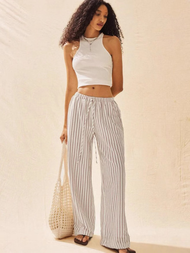 2025 European and American Cross-Border Spring/Summer New Women's Striped Cropped Casual Loose Printed Pocket Pants—Fashionable for Women