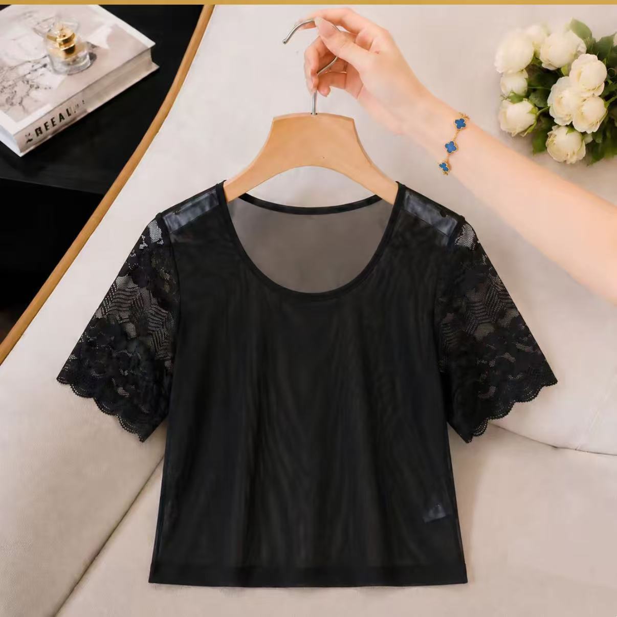 New summer style ice silk base layer top, black mesh sexy inner layer lace versatile top T-shirt short sleeve thin women's