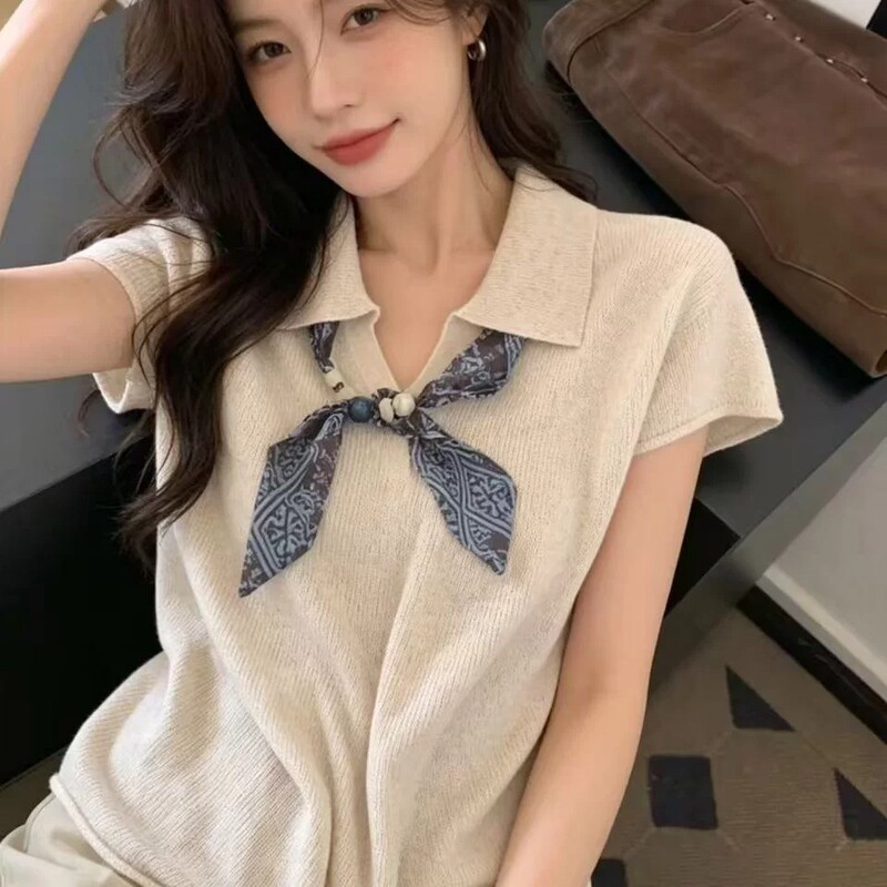 Old Money Style Polo Collar Silk Scarf Short-Sleeve Knit Top for Women, Early Summer Korean Design, Thin and Slimming, Elegant Top Old Money Style Polo Collar Silk Scarf Short-Sleeve Knit Top for Women, Early Summer Korean Design, Thin and Slimming, Elegant Top