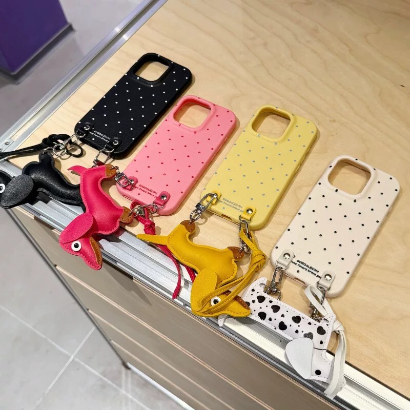 Suitable for iPhone 16 Polka Dot Dachshund Puppy Phone Case with Perforated Lanyard and Leather Texture Puppy Design for Apple 17/15 Soft Case