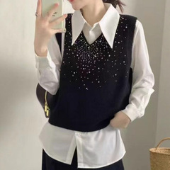 韩系灰色钉珠毛衣马甲女款春秋秋时尚洋气百搭显瘦款针织背心7323
