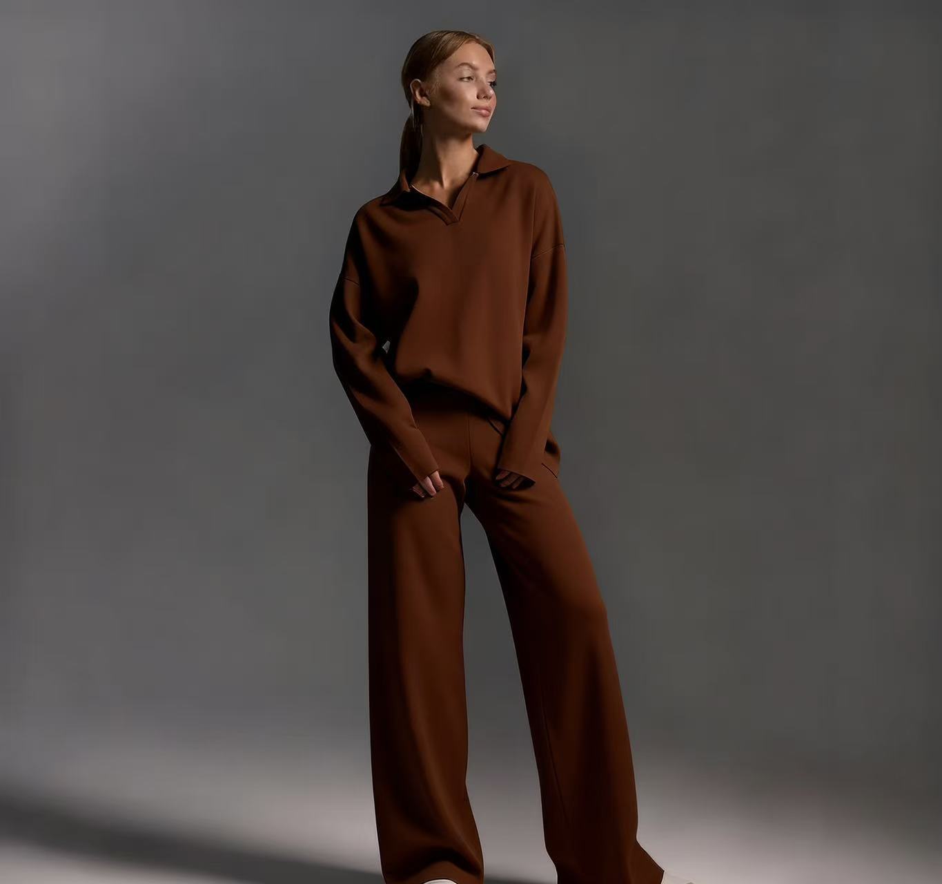 Damen Zweiteiler Set Mit Polo-kragen Pullover Und Hose Modisch_voghion.com