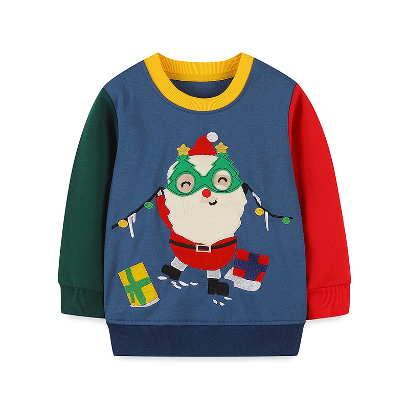 Sudadera de moda con bloques de color para niños, estilo europeo y americano, jersey bordado de Papá Noel, ropa infantil de otoño 26 image 8
