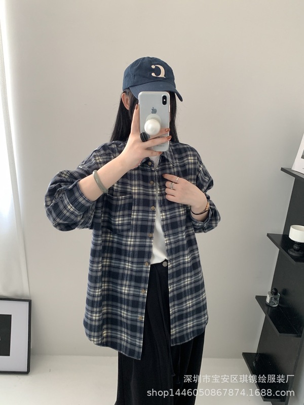 琪镌绘制秋季格子衬衫女装长袖上衣韩系宽松慵懒风开衫衬衣728254|undefined