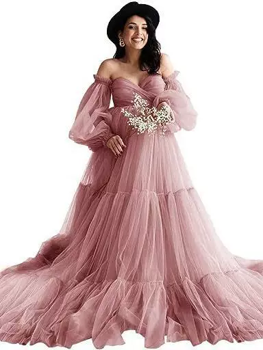 2025 cross-border foreign trade hot new pregnant women mesh dress photo dress deep V lantern sleeve gauze dress party dress