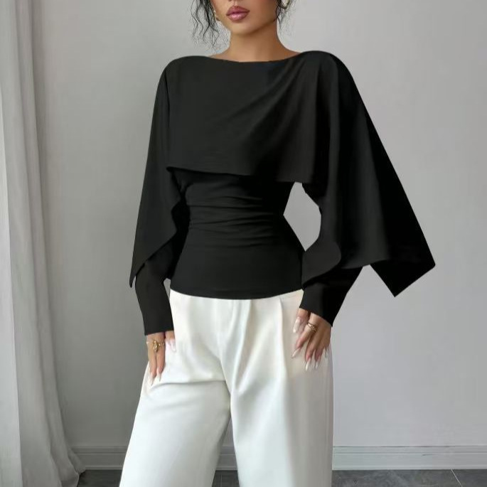 Cross-border European and American style shawl-type black top with a round neck and cape design, offering a mature and slimming look, a short top with an elegant vibe Cross-border European and American style shawl-type black top with a round neck and cape design, offering a mature and slimming look, a short top with an elegant vibe