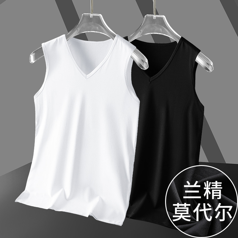 Modal Cotton Summer Vest Men's Trendy Pure Color White Fitness Basketball Sports Vest V Neck Ice Silk Sleeveless T-Shirt for Men