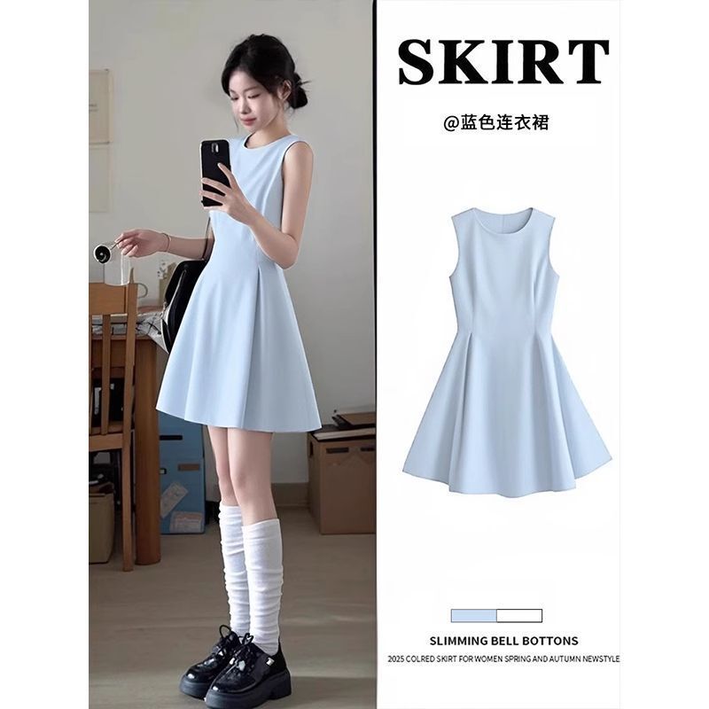 Blue Sleeveless Dress for Women in Summer, Beautiful Little Skirt, Dopamine A-Line Waist-Cinching Short Skirt to Wear