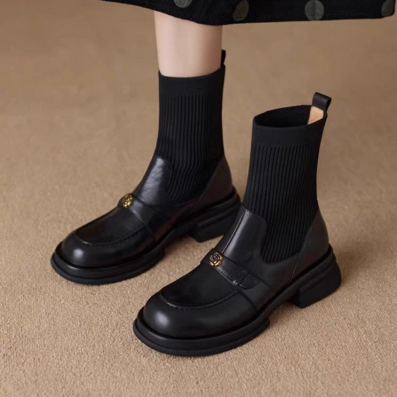 Foreign Trade Cross-Border Boots for Women, Autumn and Winter Thick-Soled Short Boots, Knitted Elastic Socks, Thick-Heeled Small Leather Shoes, French Slim Boots