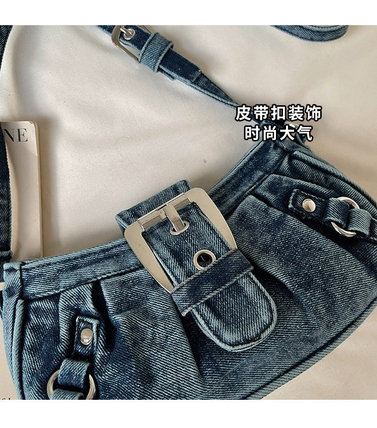 Túi đeo chéo nữ dáng hộp nhỏ kẹp nách vải denim xếp nếp phong cách Hàn Quốc — Cao bồi xanh, Màu xanh cổ điển, đen chi tiết 10