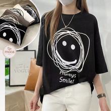 6535棉大阪新款2025跨境宽松休闲抽象派印花款女T恤大码女装批发