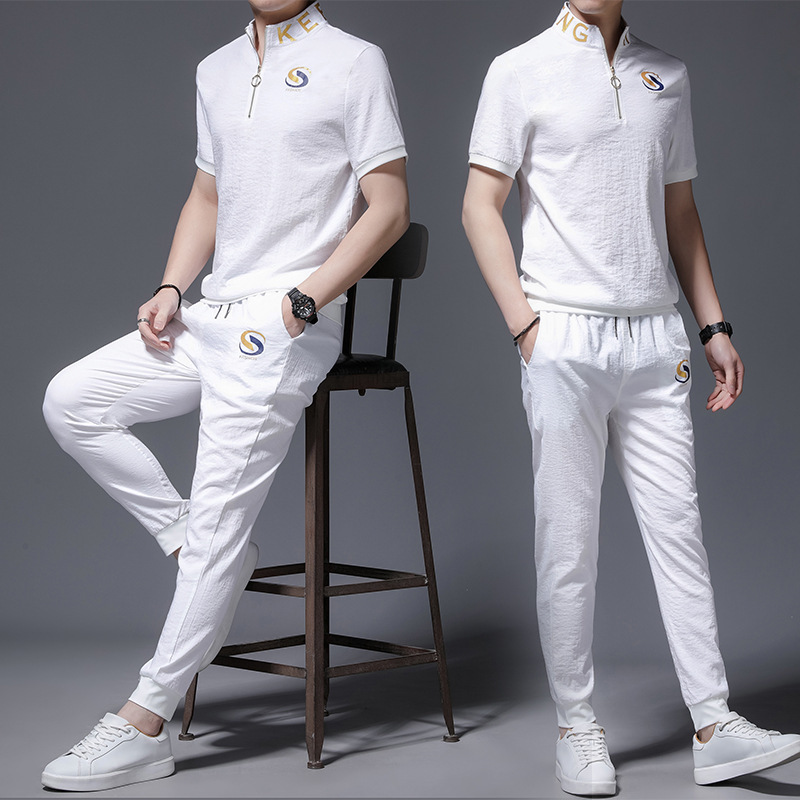 Summer Ice Silk Sports Suit Men's Fashion Casual Outdoor Fitness Korean Style Men's Two-Piece Set with Vertical Collar Short Sleeve Trousers