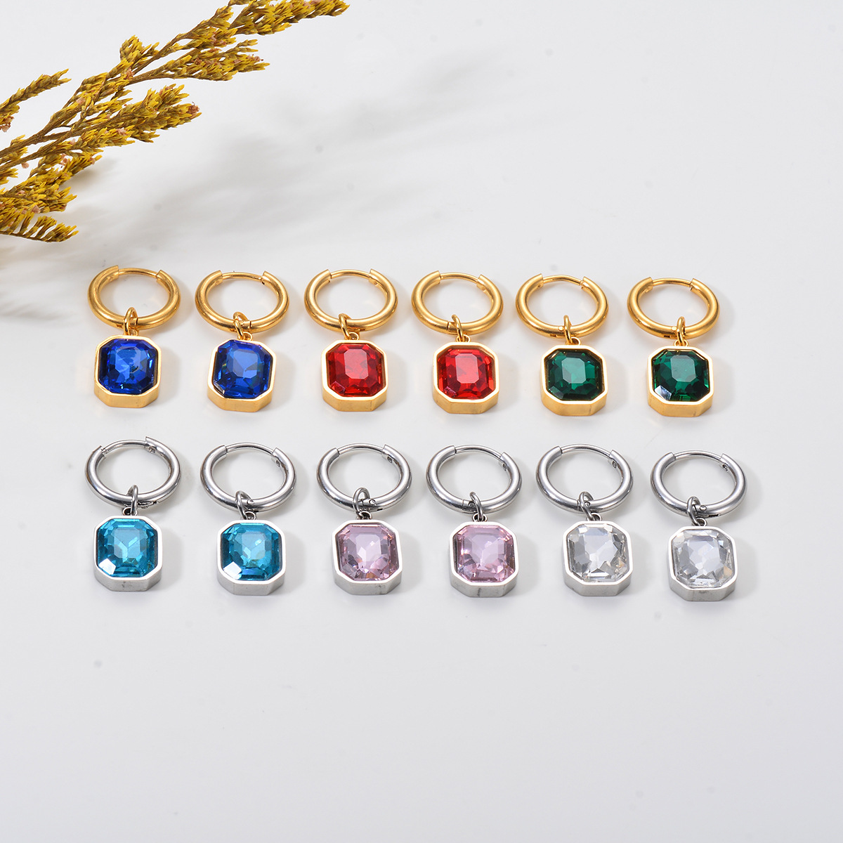 PVD Coated Gold Plating Process 304 Stainless Steel Ear Needle Material 1 Pair Simple Style Square Plating Inlay Stainless Steel Glass Drop Earrings