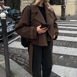 2025 New Cross-Border Foreign Trade European and American Women's Fashion Amazon Large Lapel Woolen Fashion Short Belted Coat Jacket