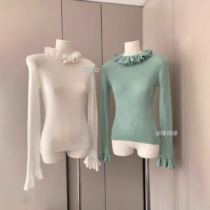 Gentle Lace Collar Knitwear Women's High Collar Soft Waxy Bottoming Shirt 2025 Spring & Fall New Design Korean Style Slimming Look Inner Wear