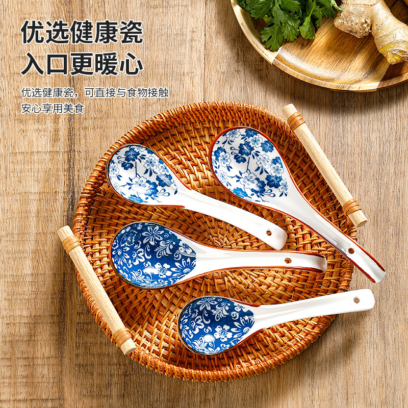 Cuchara japonesa de cerámica hogar Patrón de alto aspecto ins cuchara mezcladora de viento cuchara de gran capacidad diseño de cabeza de cuchara