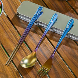 户外纯钛彩色勺子叉筷套装露营便携式钛餐具汤勺钛金属勺叉筷组合