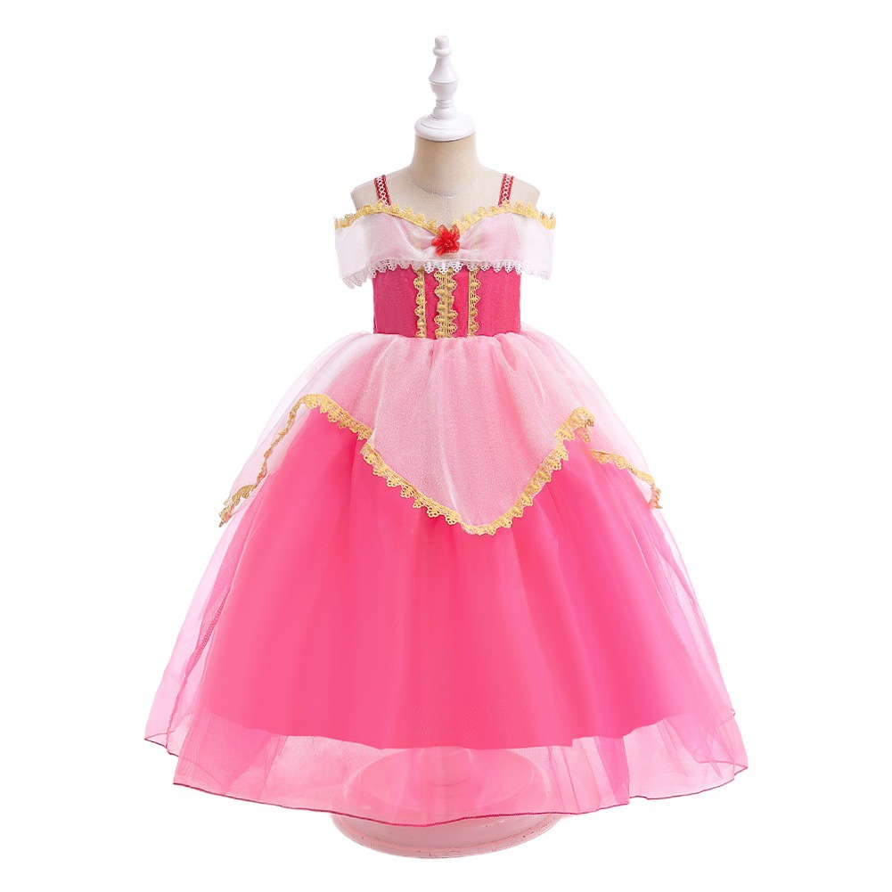 Amazon nuevo estilo Bella Durmiente Rosa pequeña flor flecha princesa vestido Cosplay rendimiento de las niñas vestido de malla