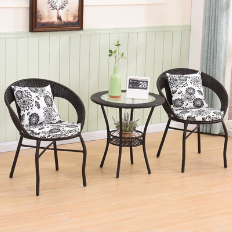 Balcony Rattan Chair Three-Piece Set Small Double-Tube Rattan Leisure Chair Back Chair Household Small Table and Chair Woven Chair Outdoor Simple