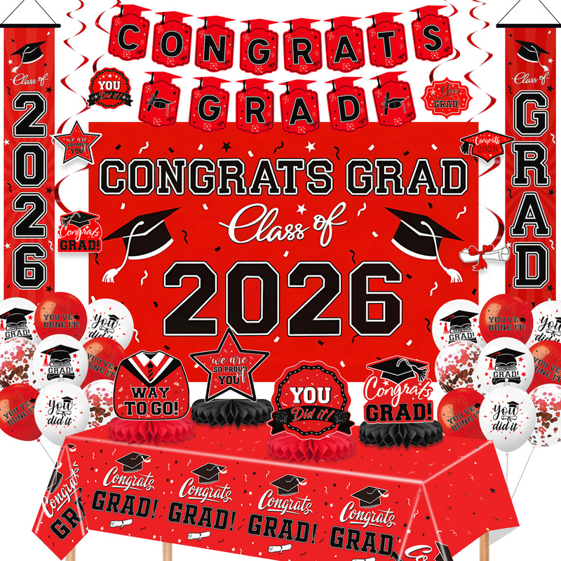 2026 New Red Graduation Theme Party Decoration Set Graduation Season Door Curtain Venue Layout Balloon Decoration Banner
