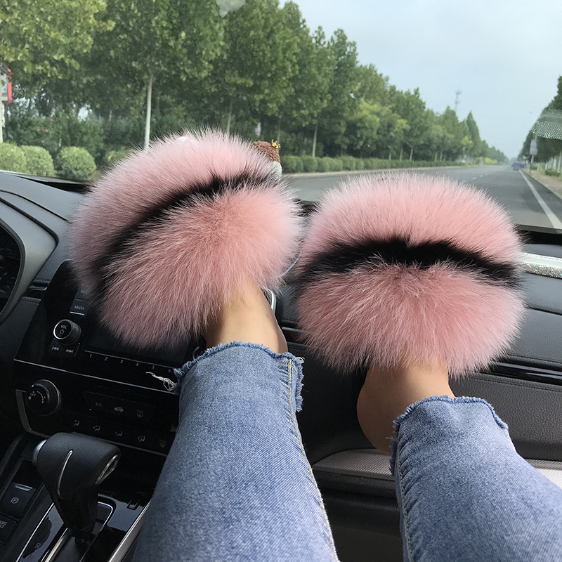 Wish New European And American Internet Celebrity Fox Fur Slippers For Women, Outdoor Home Furry Slide Sandals,_vogvips.com
