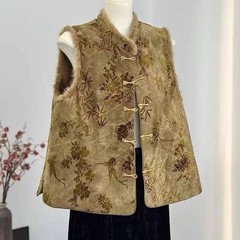 批发秋冬立领中式国风盘扣马甲时尚气质坎肩复古高级感毛领边马夹